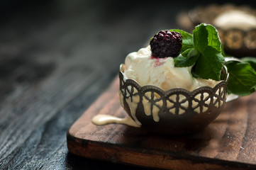 vanilla ice cream with mint leaves