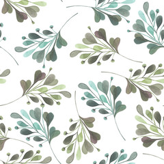 Seamless pattern with the watercolor green leaves and branches on a white background, wedding decoration, hand drawn in a pastel