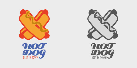 Hot dog vector logo, label or badge, fast food concept. Monochrome and color