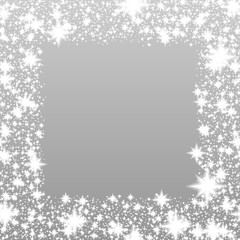 Shiny silver festive background with glittering stars or snowflakes on frame, winter or Christmas or any other celebration pattern