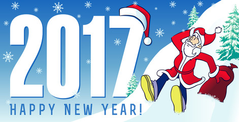 Santa new year cards 2017. Happy New Year 2017 greeting card with funny Santa Claus and greeting text