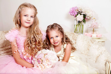Flower girls with peony bouquet. Wedding. Peonies. Pentecost. Holy Trinity