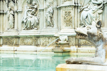 Fototapeta na wymiar The Fonte Gaia is a monumental fountain located in the Piazza del Campo in the center of Siena (Tuscany, Italy). Focused on the head of the animal.