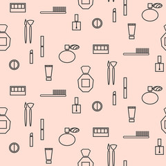 Makeup objects and products seamless pattern. Outline thin cosmetic icons for website background or wrapping paper.