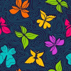 Fototapeta na wymiar Butterfly seamless pattern, bright background with color butterflies and blue curly lines, butterflies vector, Eps 8