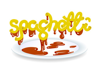 spaghetti banner with stylized text, plate with sauce on white b