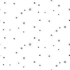 Motif blanc sans couture de petits signes géométriques. Motif monochrome de fond de site Web de cercles minces et de triangles discrets.