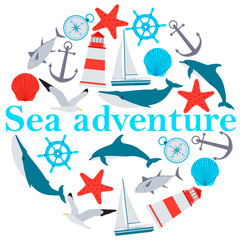 Round Poster sea adventure. Ship, anchor and fish. Vector illustration