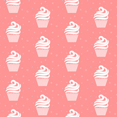 Pink cupcake seamless pattern. Sweet cake rose cartoon texture design. Patisserie package and website background tileable design.