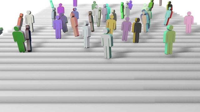group of symbol people running down the stairs