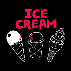 Collection of hand drawn ice cream, doodle ice cream, isolated on black background, good for food design, hand lettering Ice Cream, Eps 8