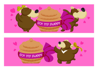  valentine day banner with brown cartoon funny bears on pink bac