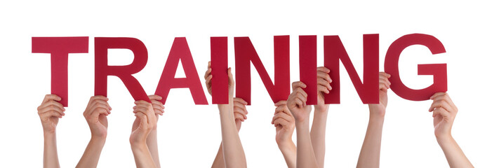 Many People Hands Holding Red Straight Word Training