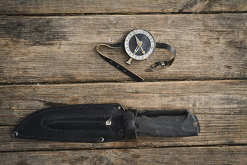 compass and a knife for travel concept