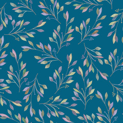 Seamless pattern with watercolor leaves and branches on a blue background, hand drawn in a pastel, wedding decoration
