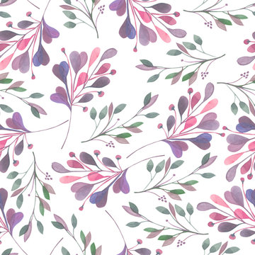 Seamless pattern with the watercolor leaves and branches on a white background, wedding decoration, hand drawn in a pastel