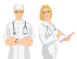 Fototapeta premium Vector illustration of young doctor in medical uniform and hat isolated on white background. Serious man in glasses. Medic woman in glasses wrote in document. 