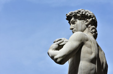 Michelangelo's David (with copy space). Detail from the replica statue of David in Piazza della Signoria Square, Florence. A masterpiece of Renaissance sculpture, created by Michelangelo in 1504. 
