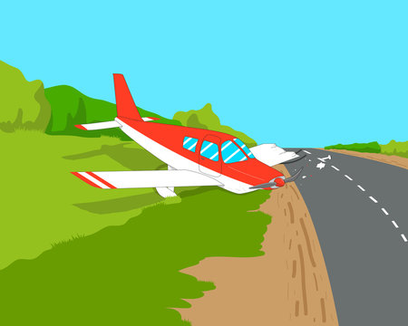 Light aircraft made an emergency landing on a highway. Vector illustration