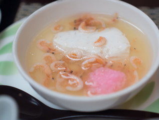 Japanese tofu soup with shrimp in white bowl - Japanese food