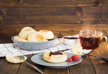 English muffins with jam and butter 