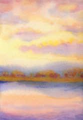 Obrazy na Szkle  Akwarela krajobraz. Zachód słońca nad jeziorem