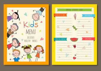 Cute colorful kids meal menu vector template