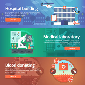 Medical and health banners set. Hospital. Medical laboratory, Blood donation. Modern flat vector illustrations. Horizontal banners.