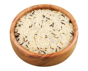 white and wild rice in wooden bowl isolated on white