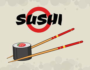 Sushi Roll With Chopsticks. Illustration With Text And Background
