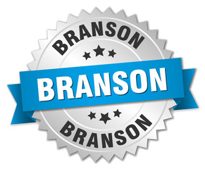 Branson round silver badge with blue ribbon