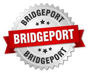 Bridgeport  round silver badge with red ribbon