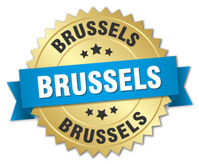Brussels round golden badge with blue ribbon