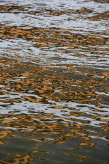 Orange blue white reflection on surface water with waves