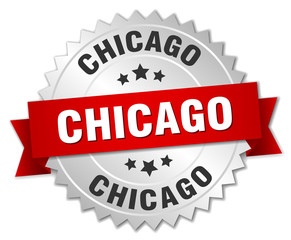 Chicago  round silver badge with red ribbon