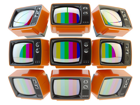 Television, telecommunication, mass media broadcasting and surveillance concept, video wall from retro tv set receivers with no signal on screens isolated on white