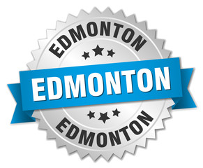 Edmonton round silver badge with blue ribbon