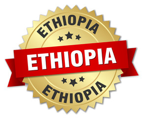 Ethiopia round golden badge with red ribbon