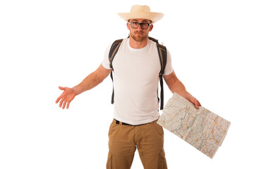 Traveler with straw hat, white shirt, backpack and map seems lik