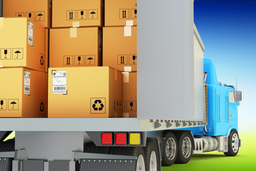 Freight transportation, packages shipment and shipping goods concept, cargo loading and unloading operations, delivery truck full of cardboard boxes on blue sky background