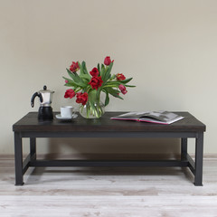 modern wooden table in the loft interior 