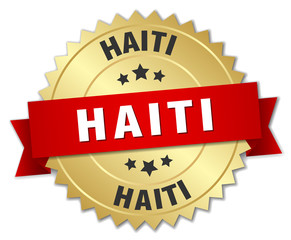 Haiti round golden badge with red ribbon