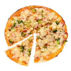 Pizza with cheese and ham isolated on white