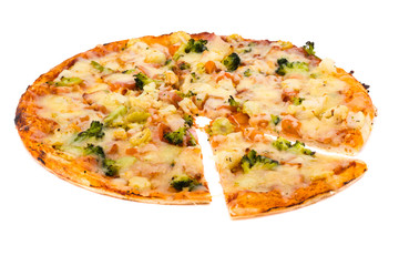 Pizza with cheese and ham isolated on white