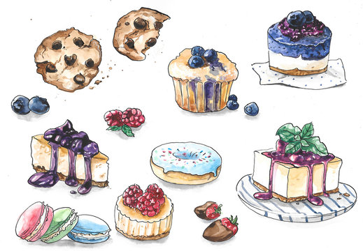 Collection of different cakes with berries and chocolate - cookies, cupcake, macaroni, donut, pie