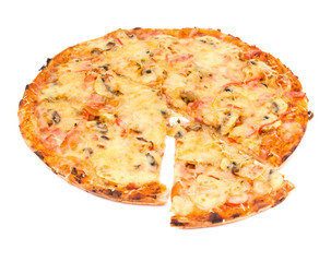 Pizza with cheese and ham isolated on white