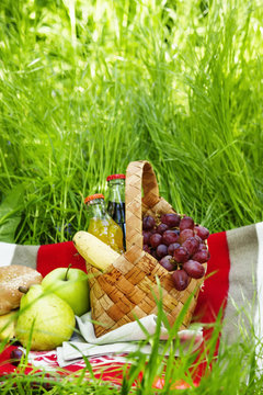 Picnic Basket with fruits and drinks on the meadow on a backgrou