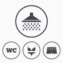 Swimming pool icons. Shower and swimwear signs.