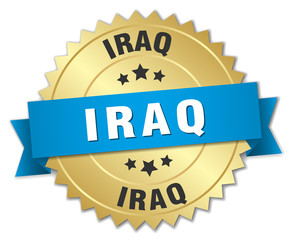 Iraq round golden badge with blue ribbon