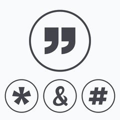 Quote, asterisk footnote icons. Hashtag symbol.